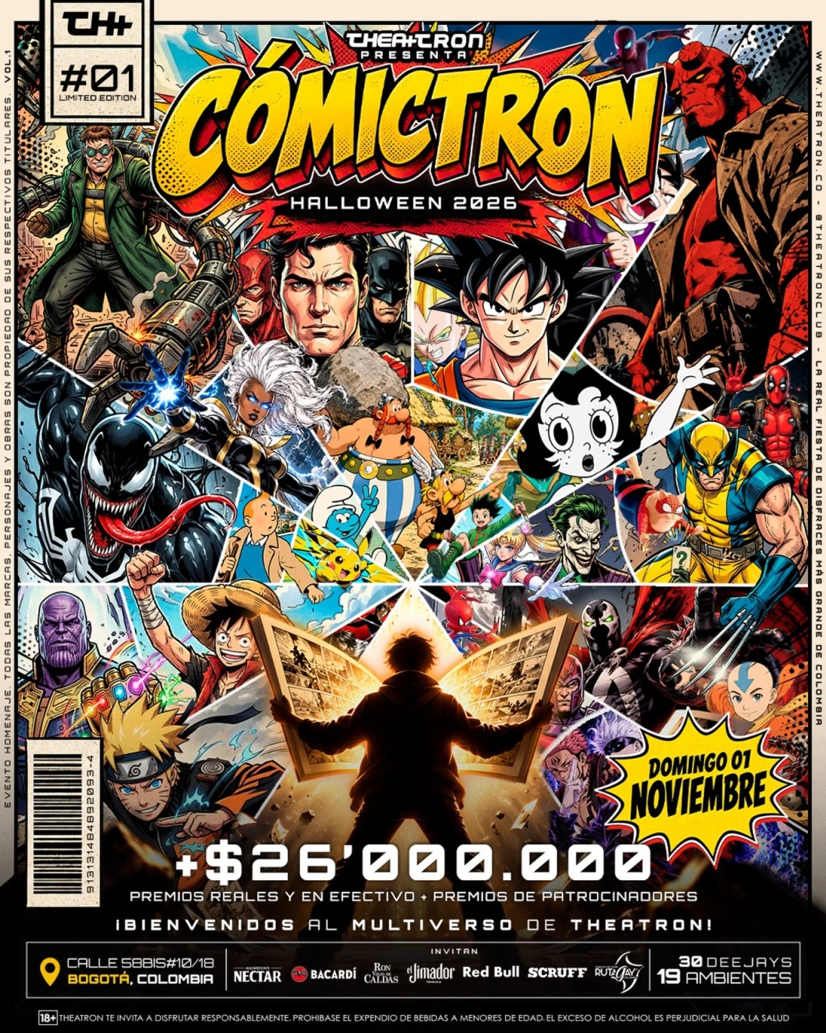 Afiche oficial de Cómictron · Halloween 2026, domingo 1 de noviembre en Theatron, Bogotá; fiesta de disfraces y cosplay para mayores de 18 años.