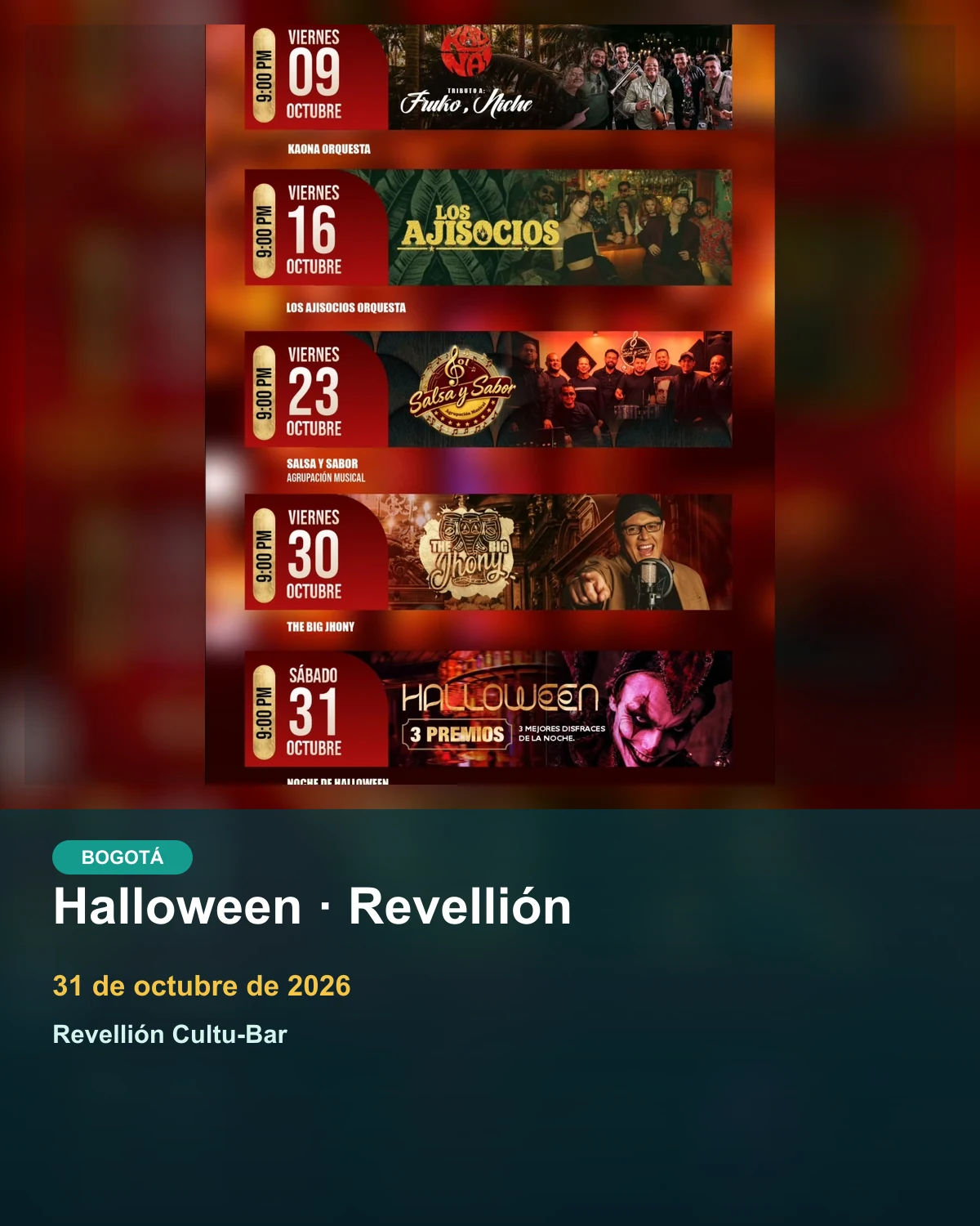 Agenda oficial de Revellión en octubre: The Big Jhony el viernes 30 a las 9 p. m. y Halloween el sábado 31 a las 9 p. m.