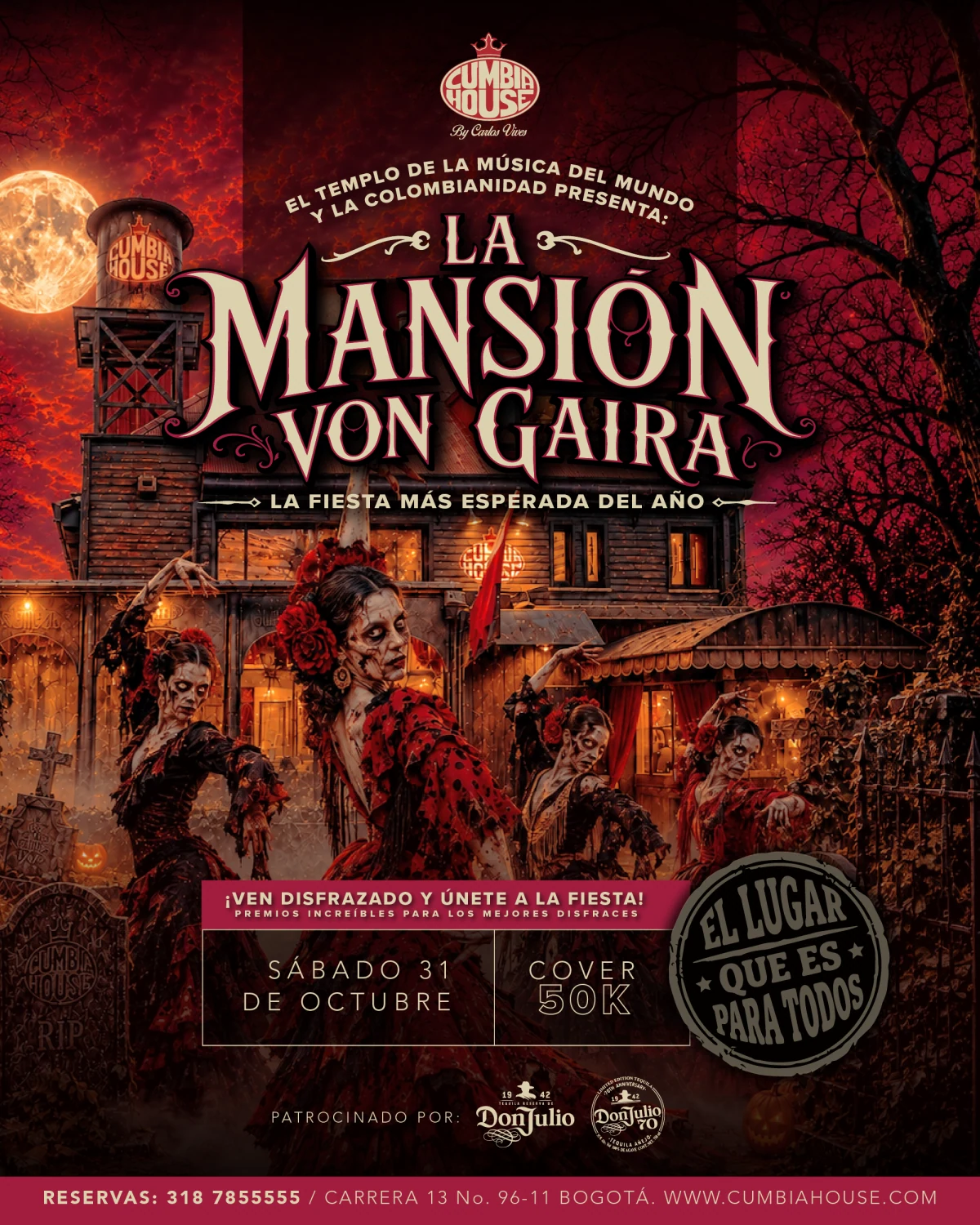 Afiche oficial de La Mansión Von Gaira, fiesta de disfraces de Cumbia House el sábado 31 de octubre con cover 50K.