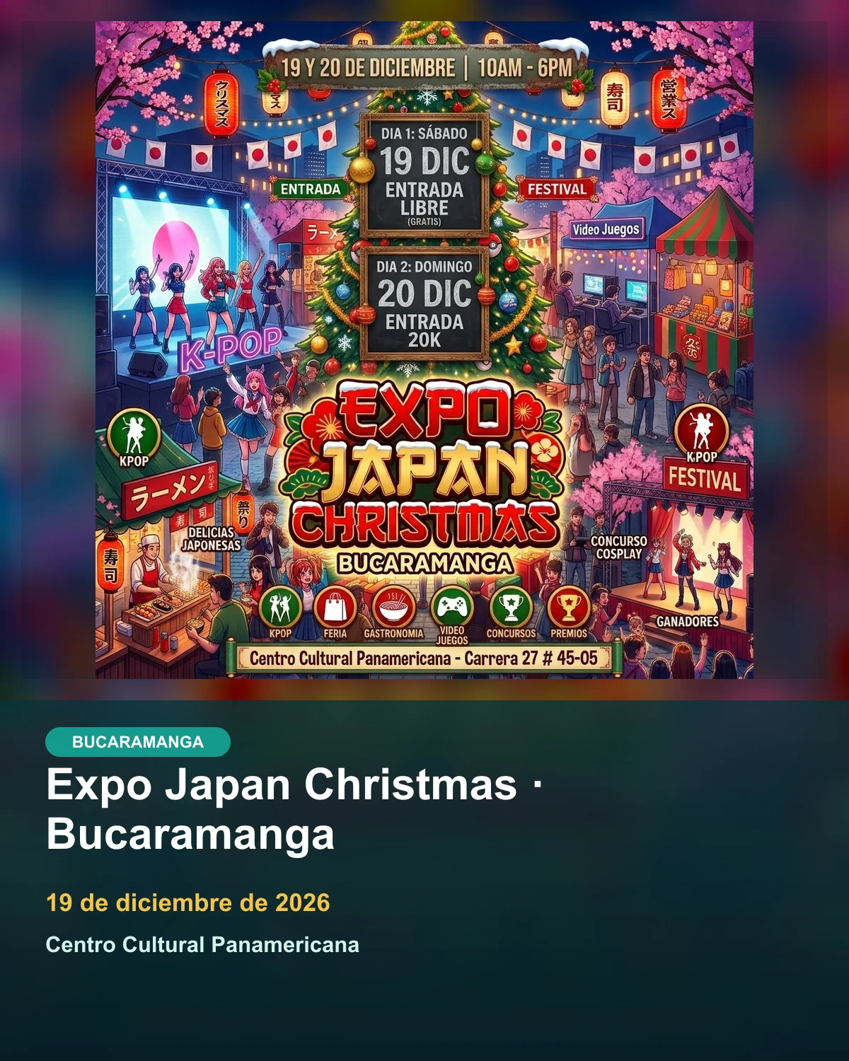 Ilustración promocional oficial de Expo Japan Christmas Bucaramanga, 19 y 20 de diciembre, con entrada gratis el sábado y $20.000 el domingo.
