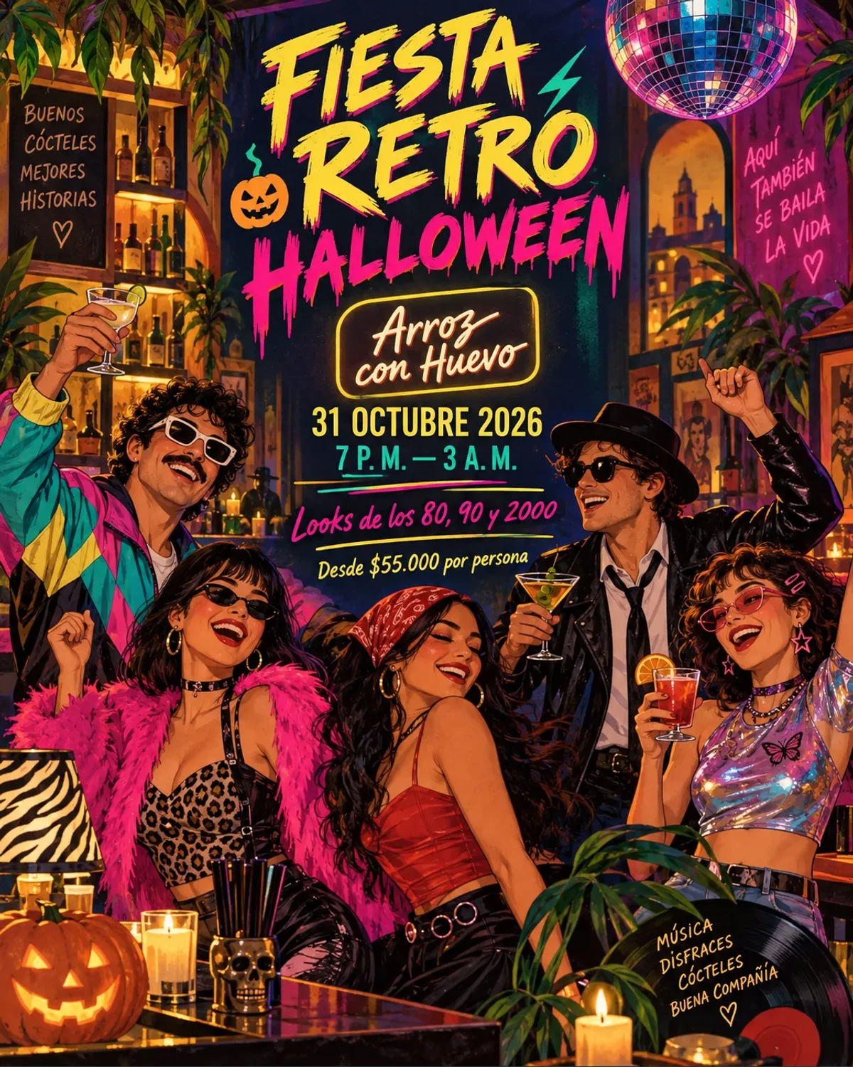 Ilustración original de una fiesta retro de Halloween con adultos en looks de los años 80, 90 y 2000, luces neón y cócteles; no representa el local real.
