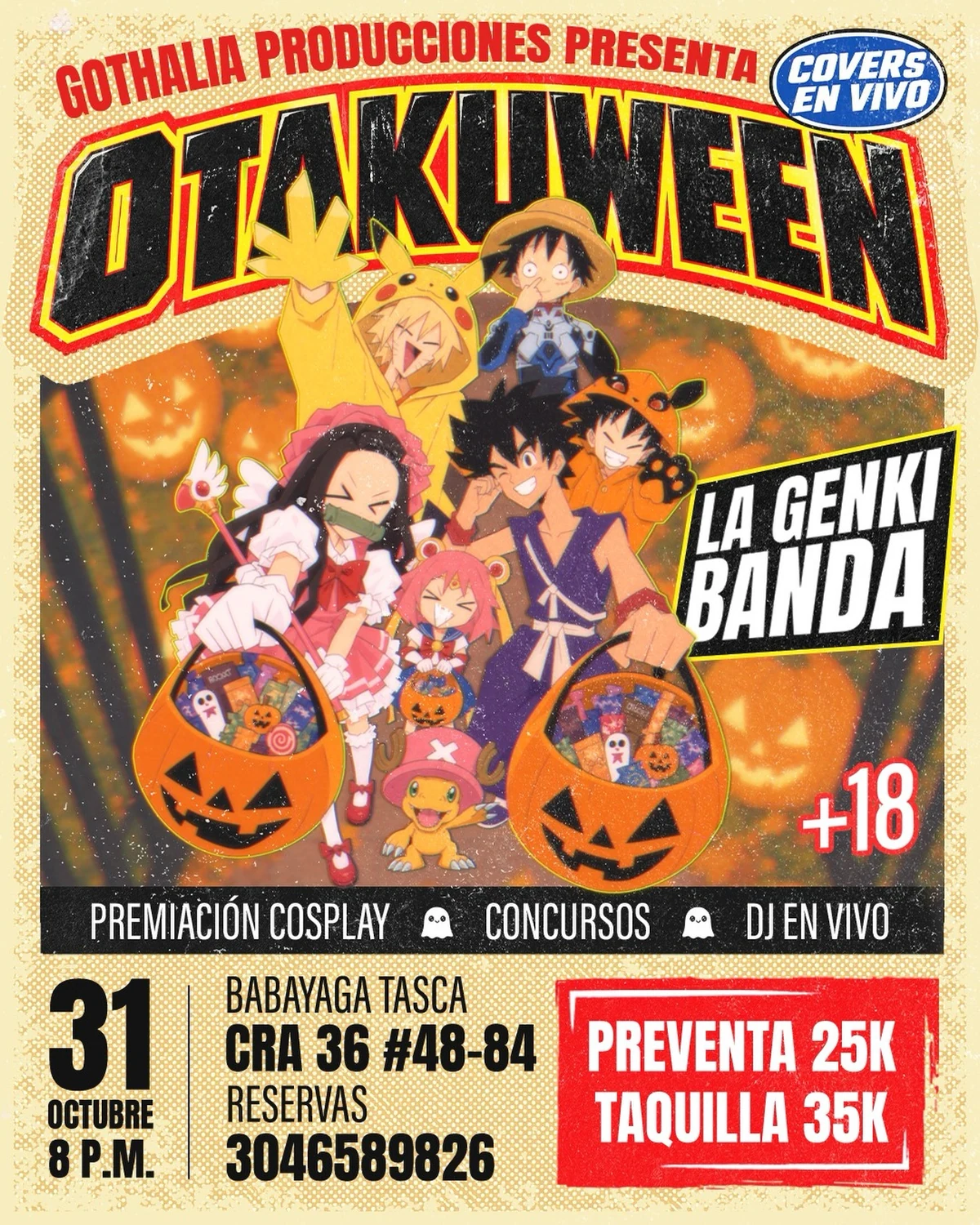 Afiche original de Otakuween con La Genki Banda: 31 de octubre, 8 p. m., Baba Yaga Tasca, Carrera 36 #48-84, Bucaramanga; mayores de 18 años, preventa $25.000 y taquilla $35.000. Conserva diseño, créditos y contacto de reservas.