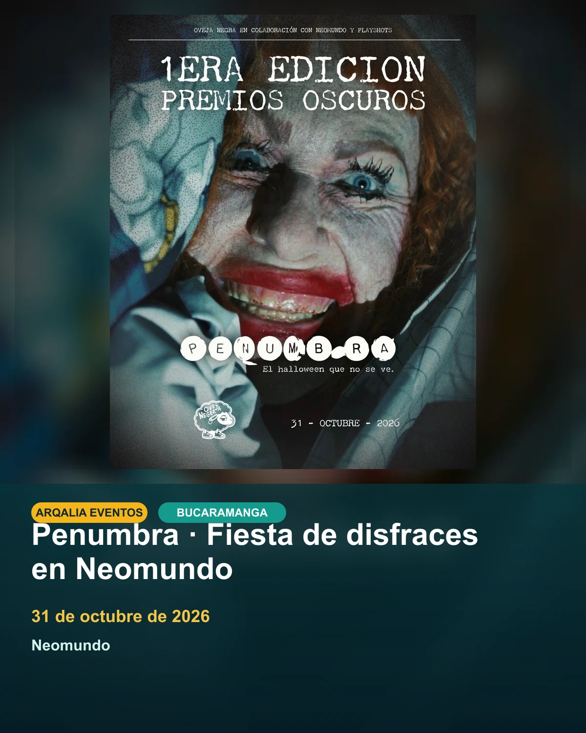 Afiche oficial de Penumbra, primera edición Premios Oscuros, Halloween del 31 de octubre de 2026 en Neomundo.